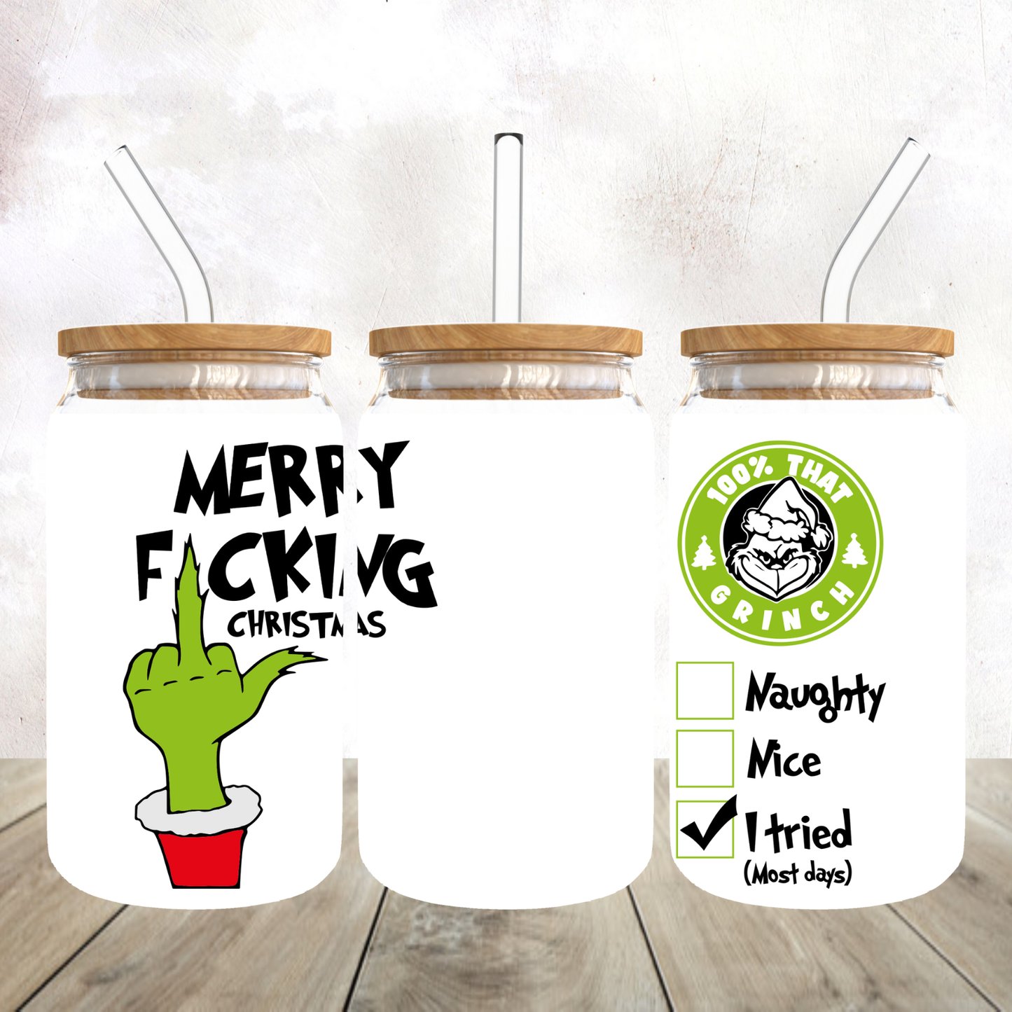 Mean Green Guy Merry Fucking Christmas Frosted Glass Tumbler
