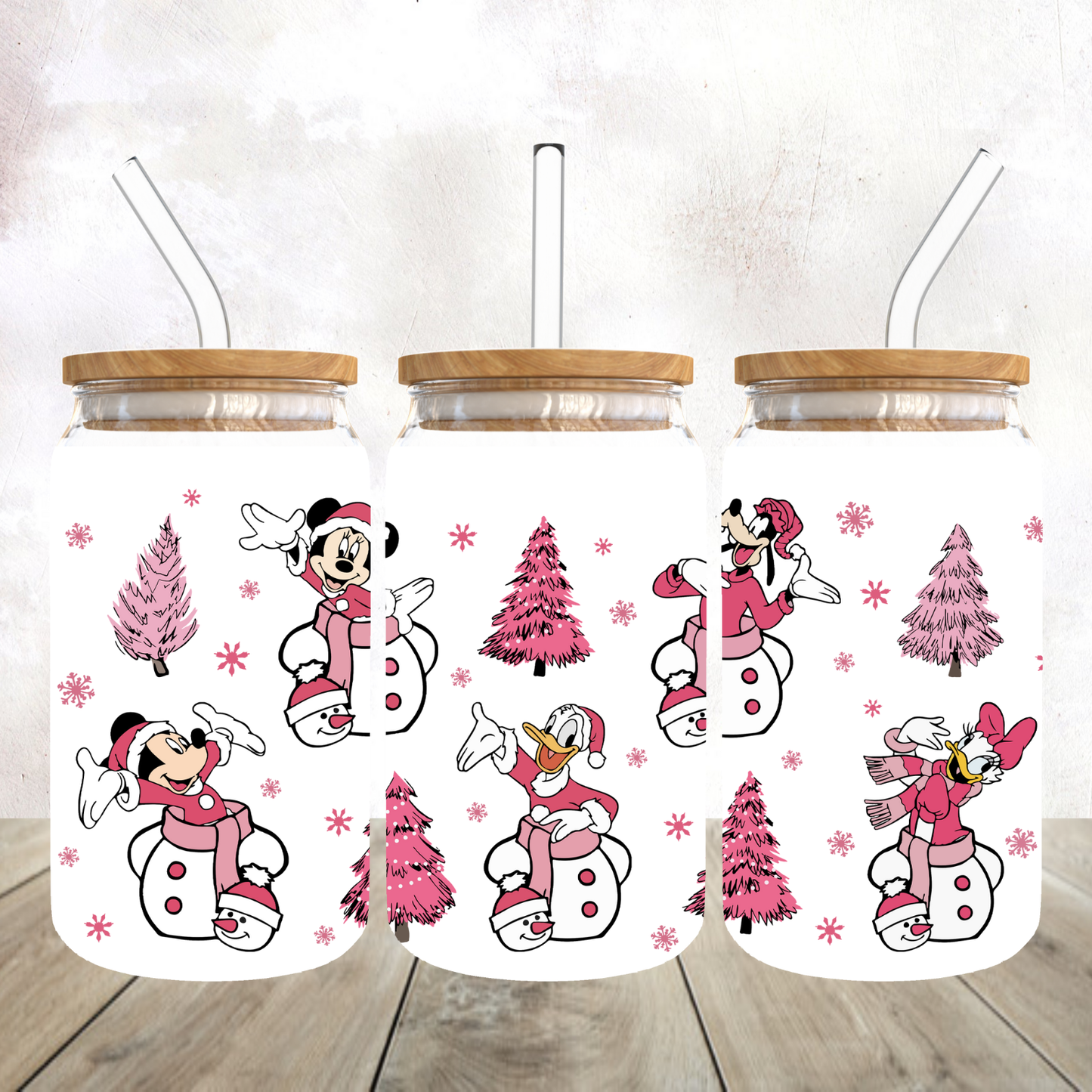 Pink Mickey and Friends Christmas Frosted Glass Tumbler
