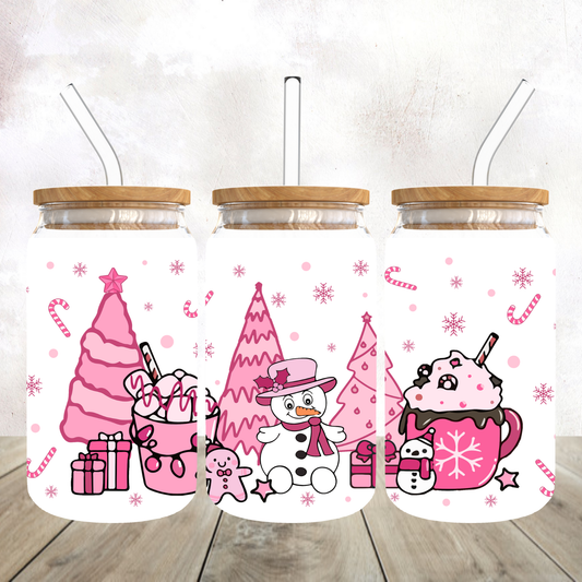 Pink Christmas Scene Frosted Glass Tumbler