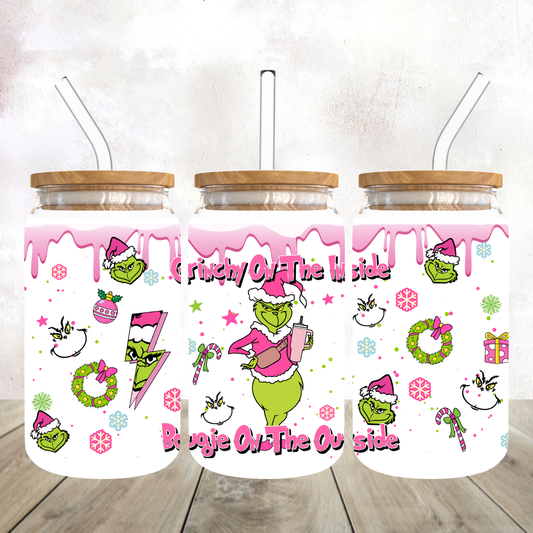 Mean Green Guy Grinchy and Boujee Frosted Glass Tumbler