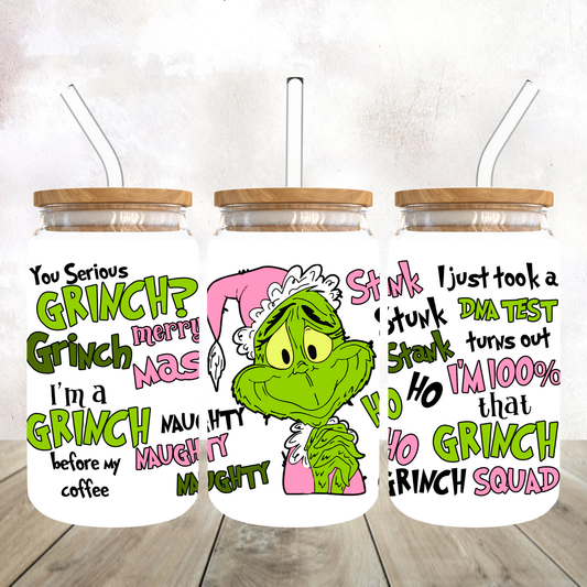 Mean Green Guy with Sayings Frosted Glass Tumbler
