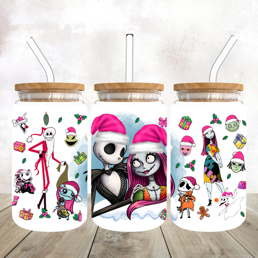 Christmas Jack and Sally Frosted Glass Tumbler