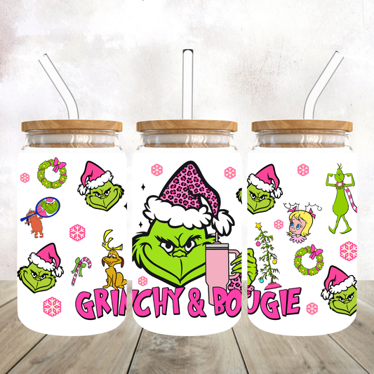 Mean Green Guy Grinchy and Boujee Frosted Glass Tumbler