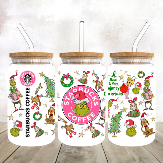 Mean Green Guy Starbies Coffee Frosted Glass Tumbler