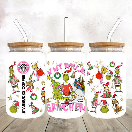 Mean Green Guy Starbies Boujee Frosted Glass Tumbler