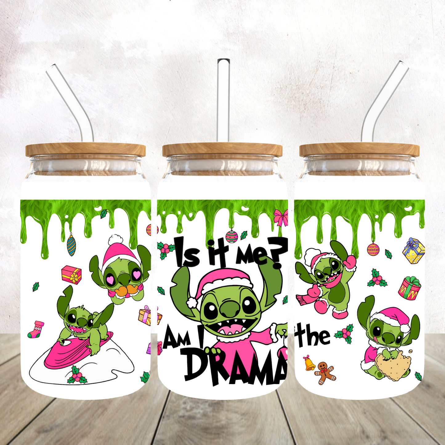 Mean Green Guy Stitch Is It Me am I the Drama Frosted Glass Tumbler