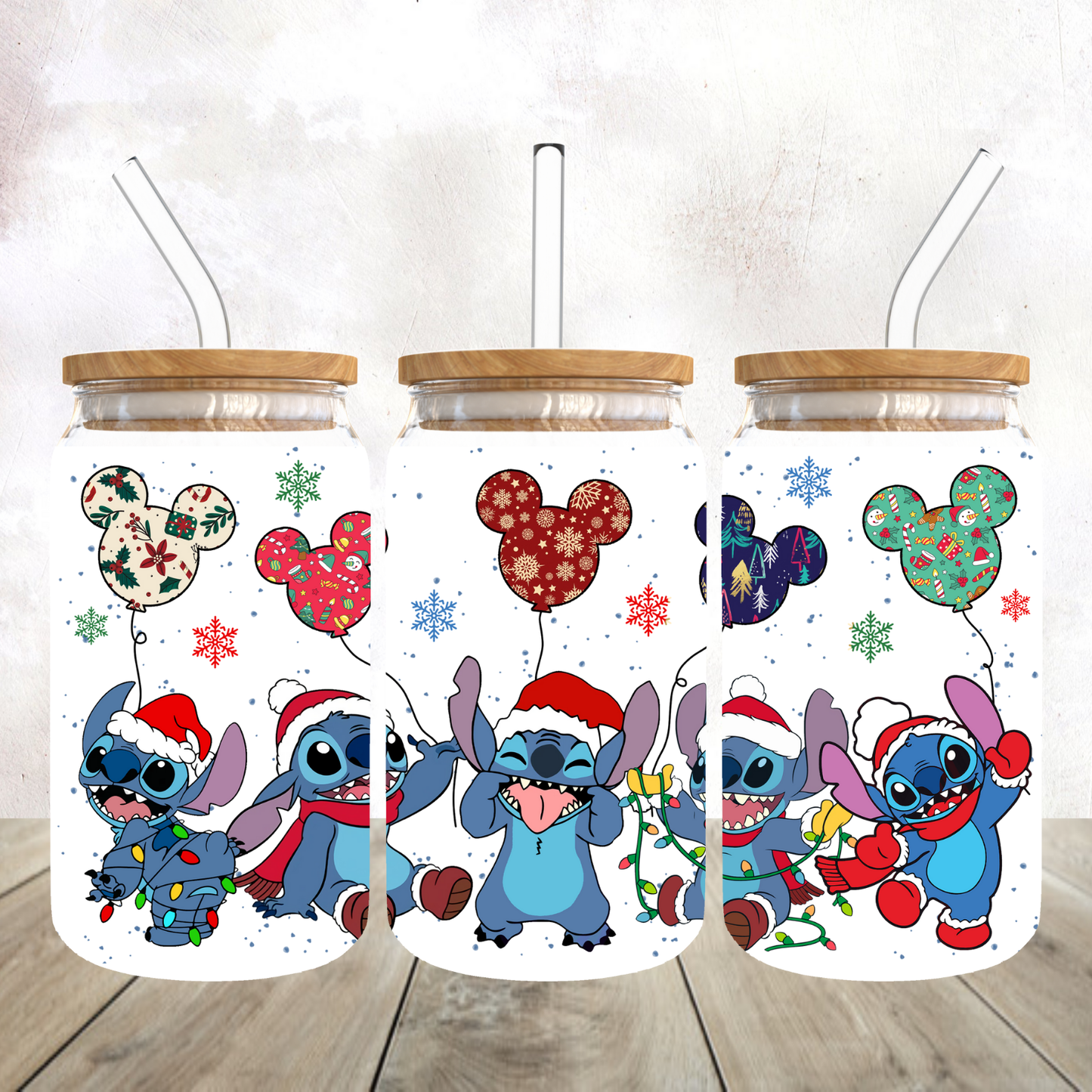 Stitch Christmas Balloons Frosted Glass Tumbler