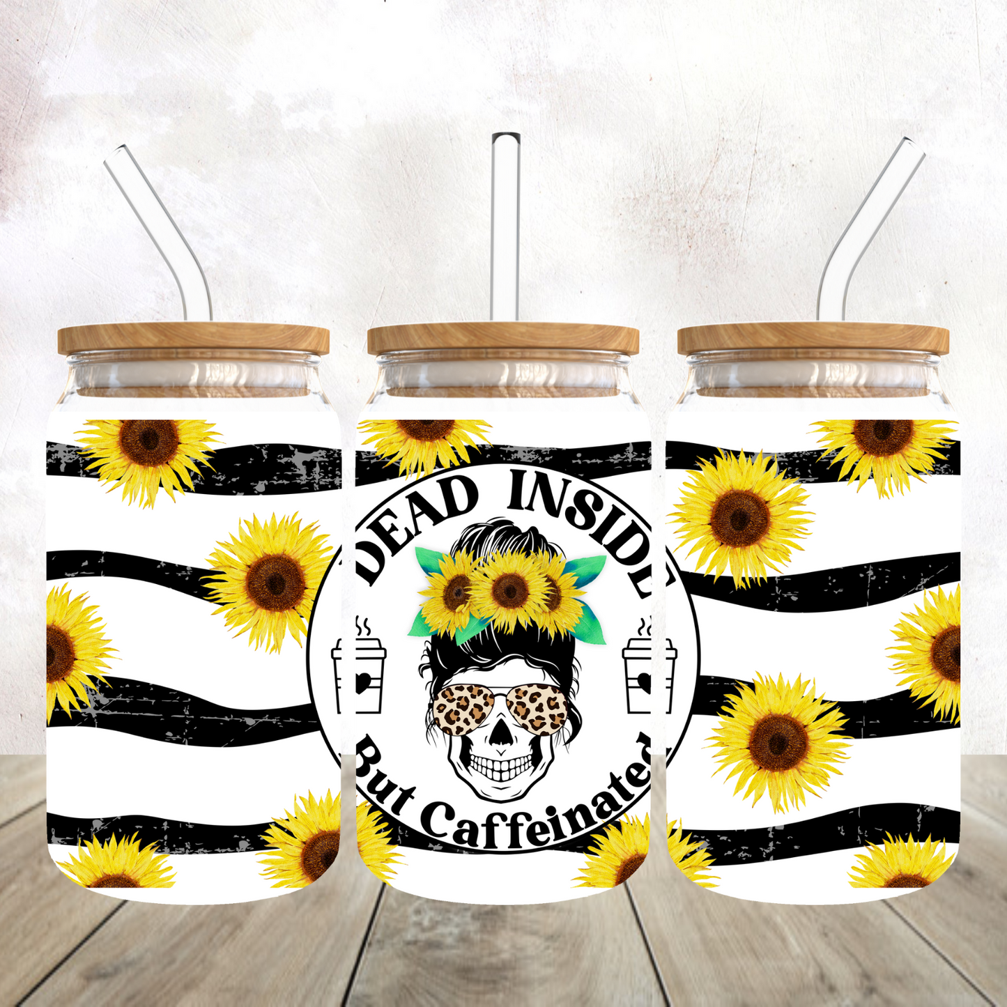 Sunflower Dead Inside but Caffeinated Frosted Glass Tumbler