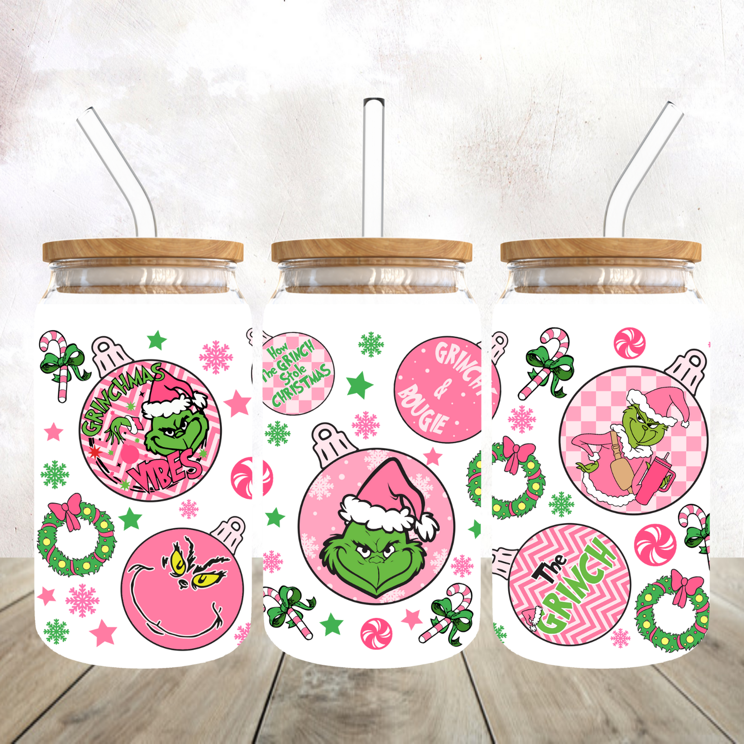 Grinchy Pink Christmas Bulbs Frosted Glass Tumbler
