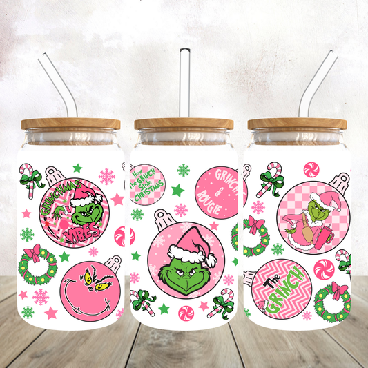 Grinchy Pink Christmas Bulbs Frosted Glass Tumbler