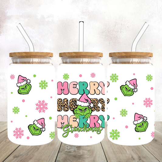 Mean Green Guy Merry Merry Merry Christmas Frosted Glass Tumbler