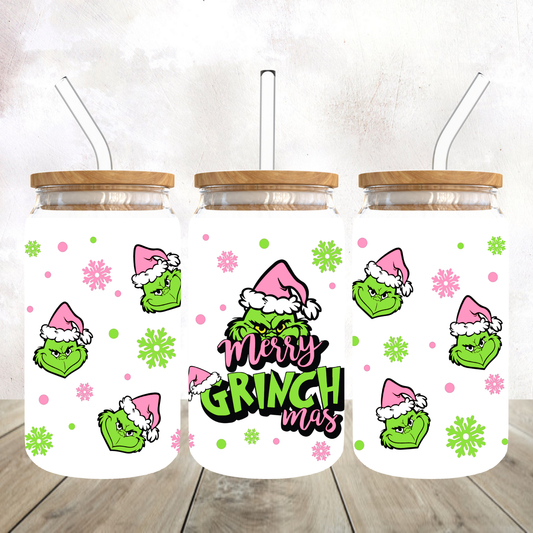 Mean Green Guy Merry Grinchmas Frosted Glass Tumbler