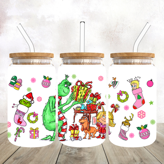Mean Green Guy with Gifts Frosted Glass Tumbler