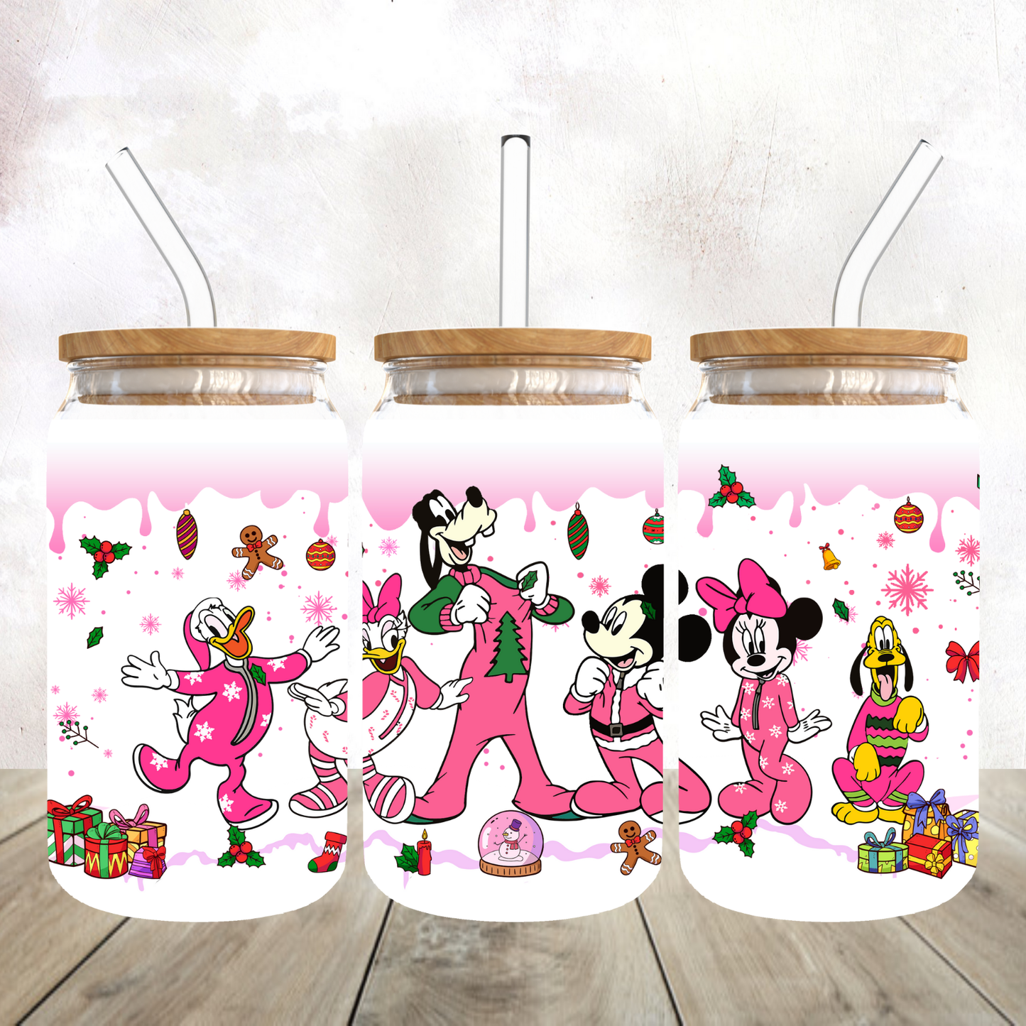 Cartoon Pink Christmas Frosted Glass Tumbler
