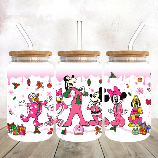 Cartoon Pink Christmas Frosted Glass Tumbler