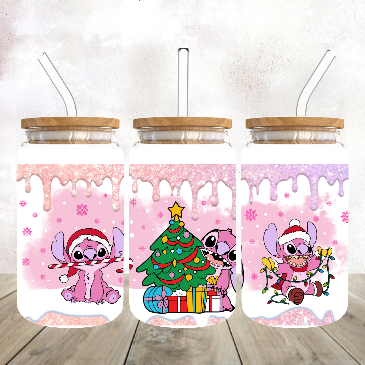 Pink Stitch Christmas Frosted Glass Tumbler