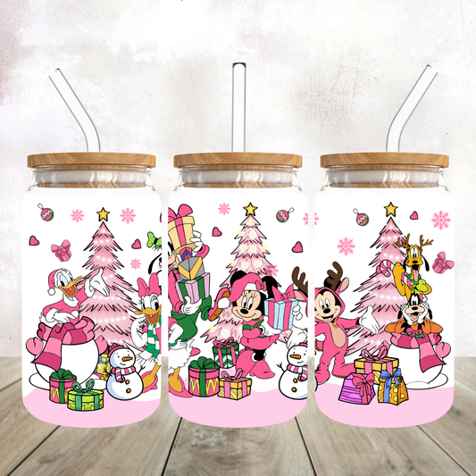 Mickey and Friends Pink Christmas Frosted Glass Tumbler