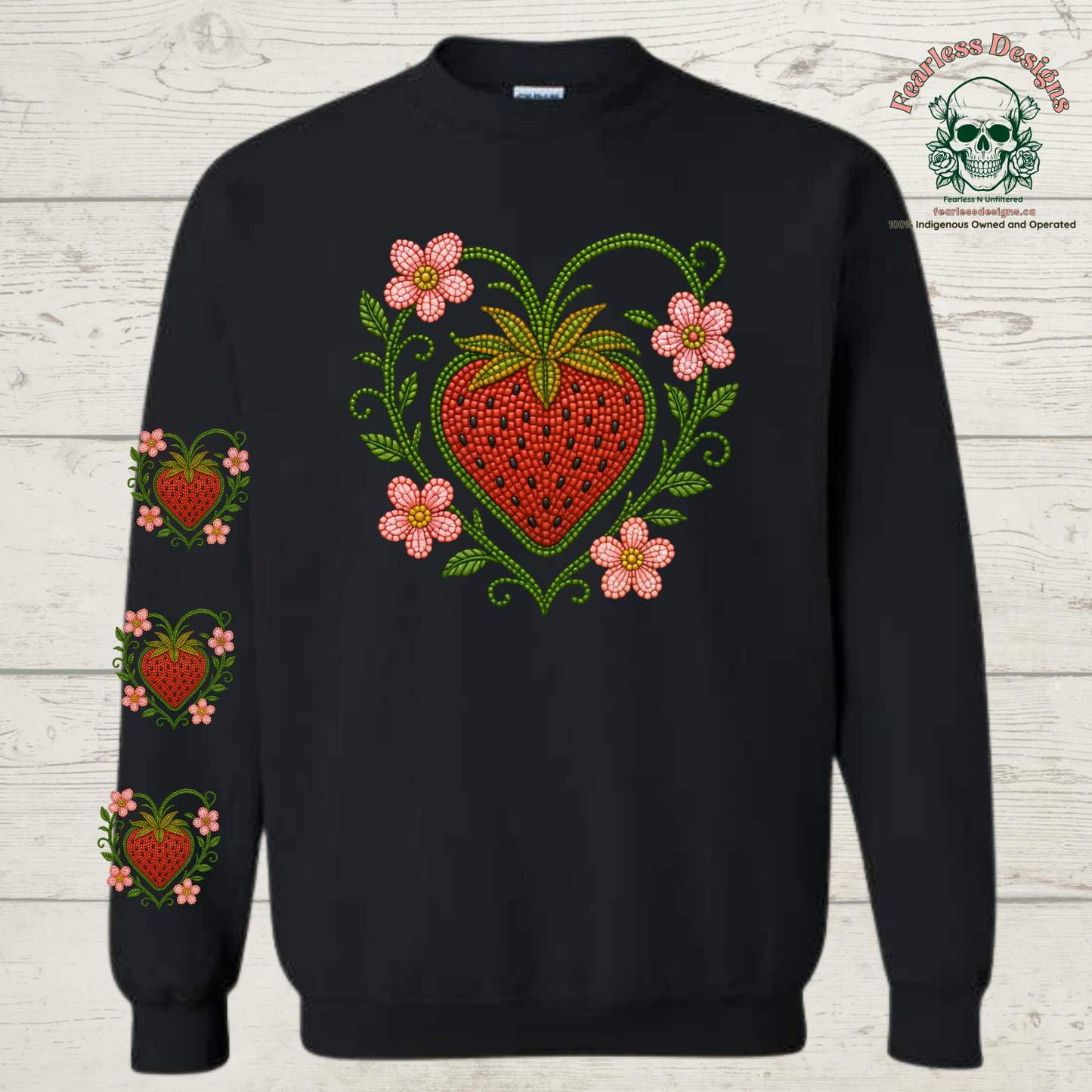Beaded Strawberry with strawberries on sleeve Crewneck Sweater