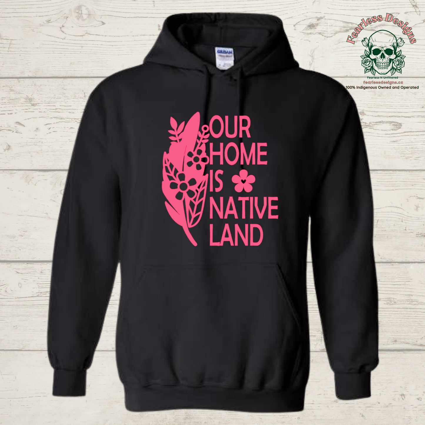 Our Home is Native Land flowered feather Hoodie