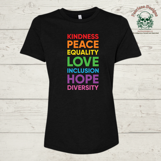 Kindness, Peace, Equality, Love, Inclusion, Hope, Diversity Print T-Shirt
