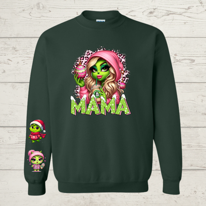 Mean Green Mama Crewneck with blonde hair