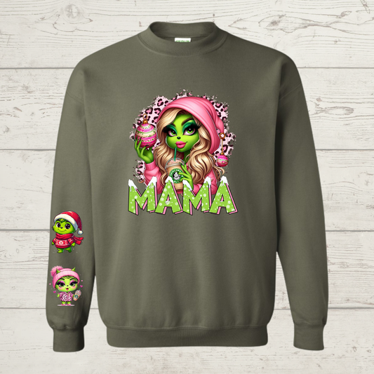 Mean Green Mama Crewneck with blonde hair