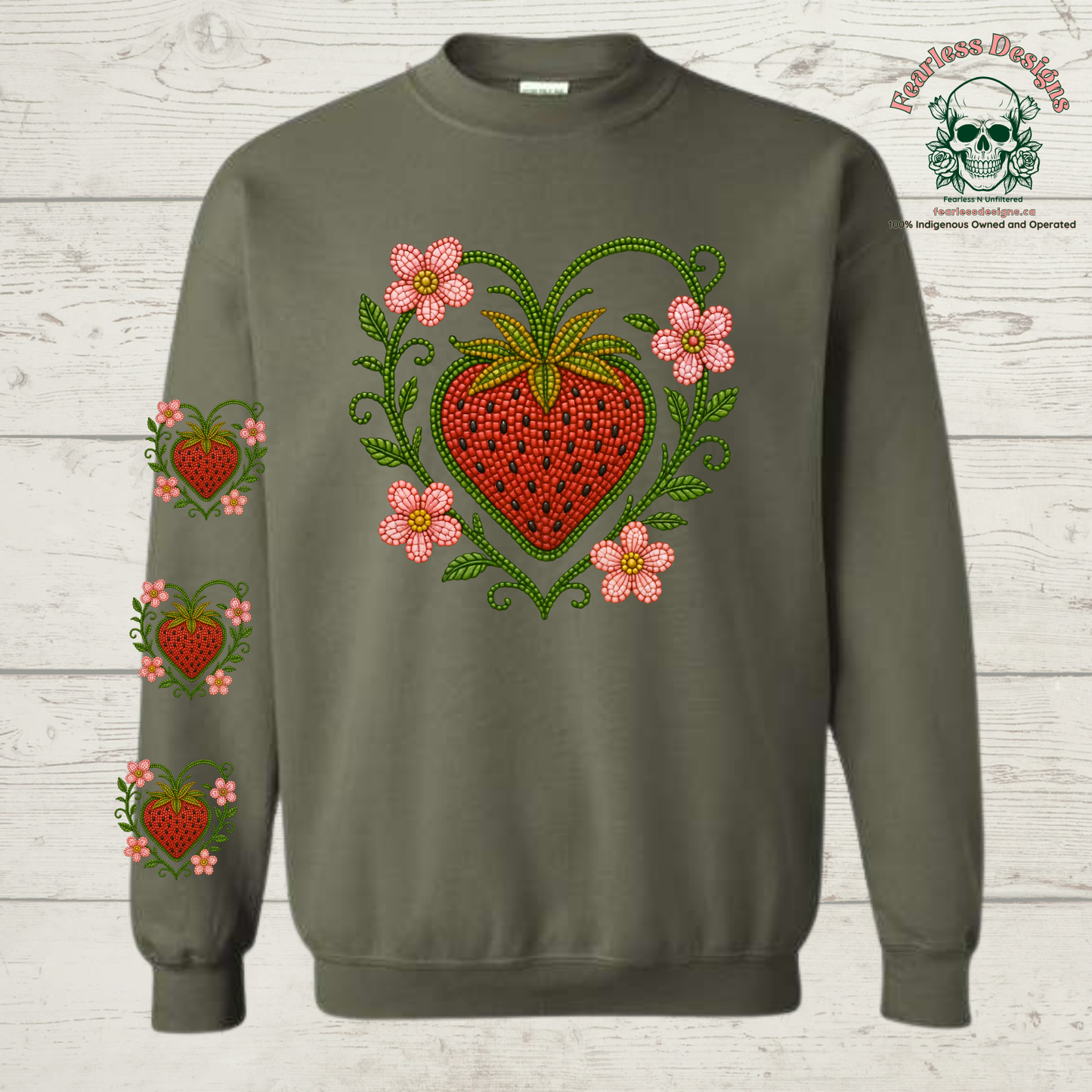 Beaded Strawberry with strawberries on sleeve Crewneck Sweater