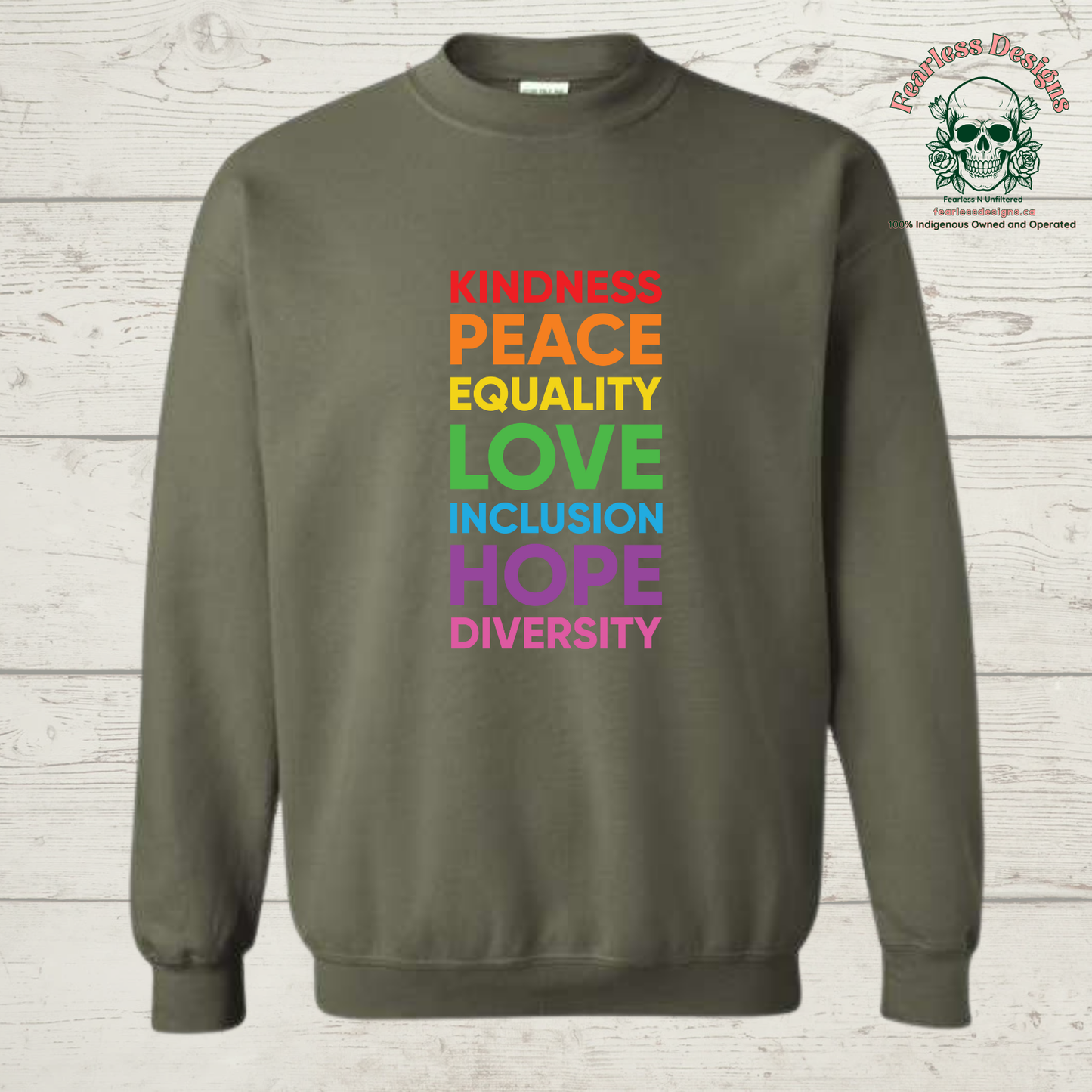Kindness, Peace, Equality, Love, Inclusion, Hope, Diversity Print Crewneck Sweater