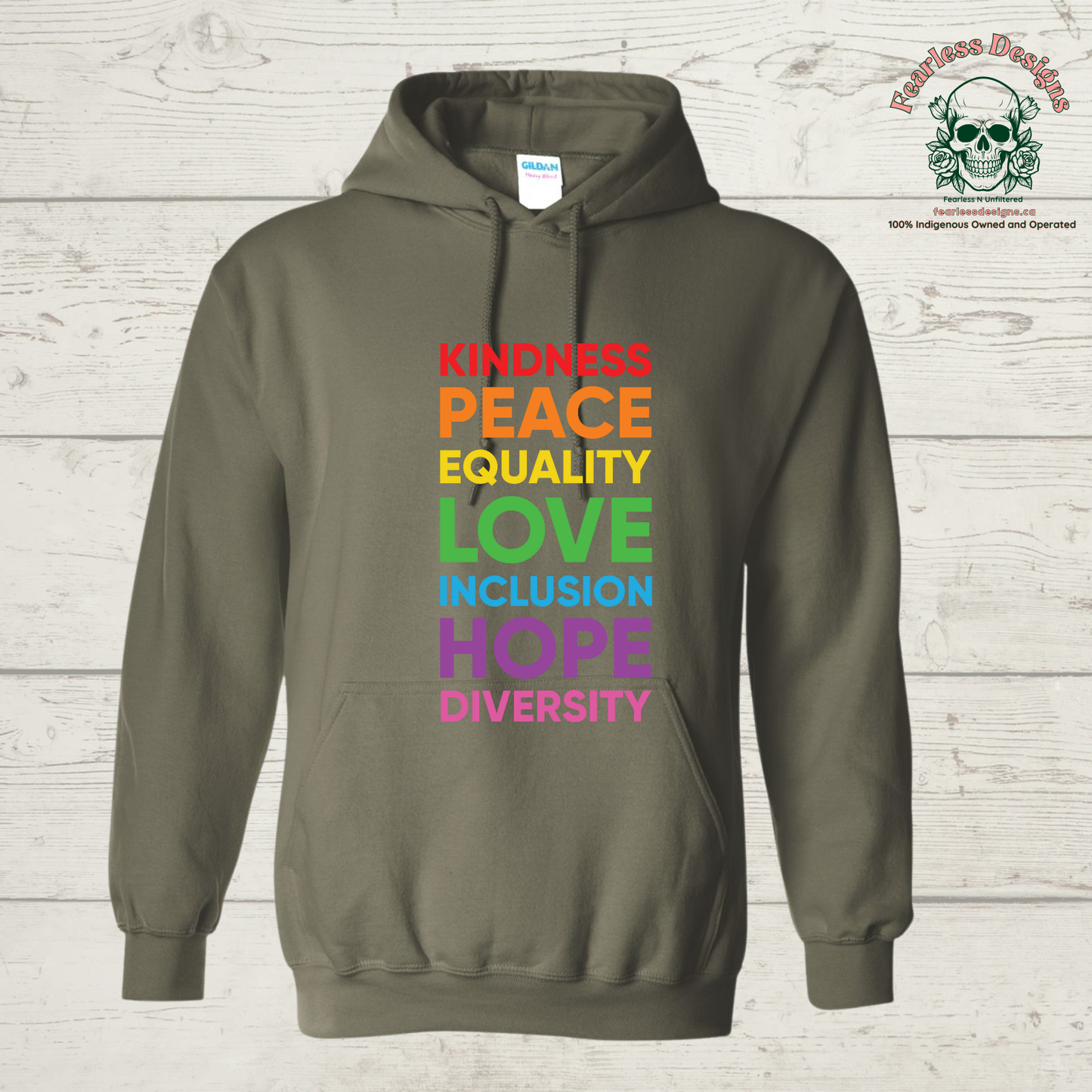 Kindness, Peace, Equality, Love, Inclusion, Hope, Diversity Print Hoodie