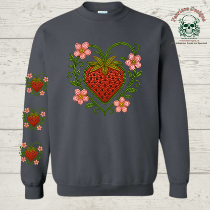 Beaded Strawberry with strawberries on sleeve Crewneck Sweater
