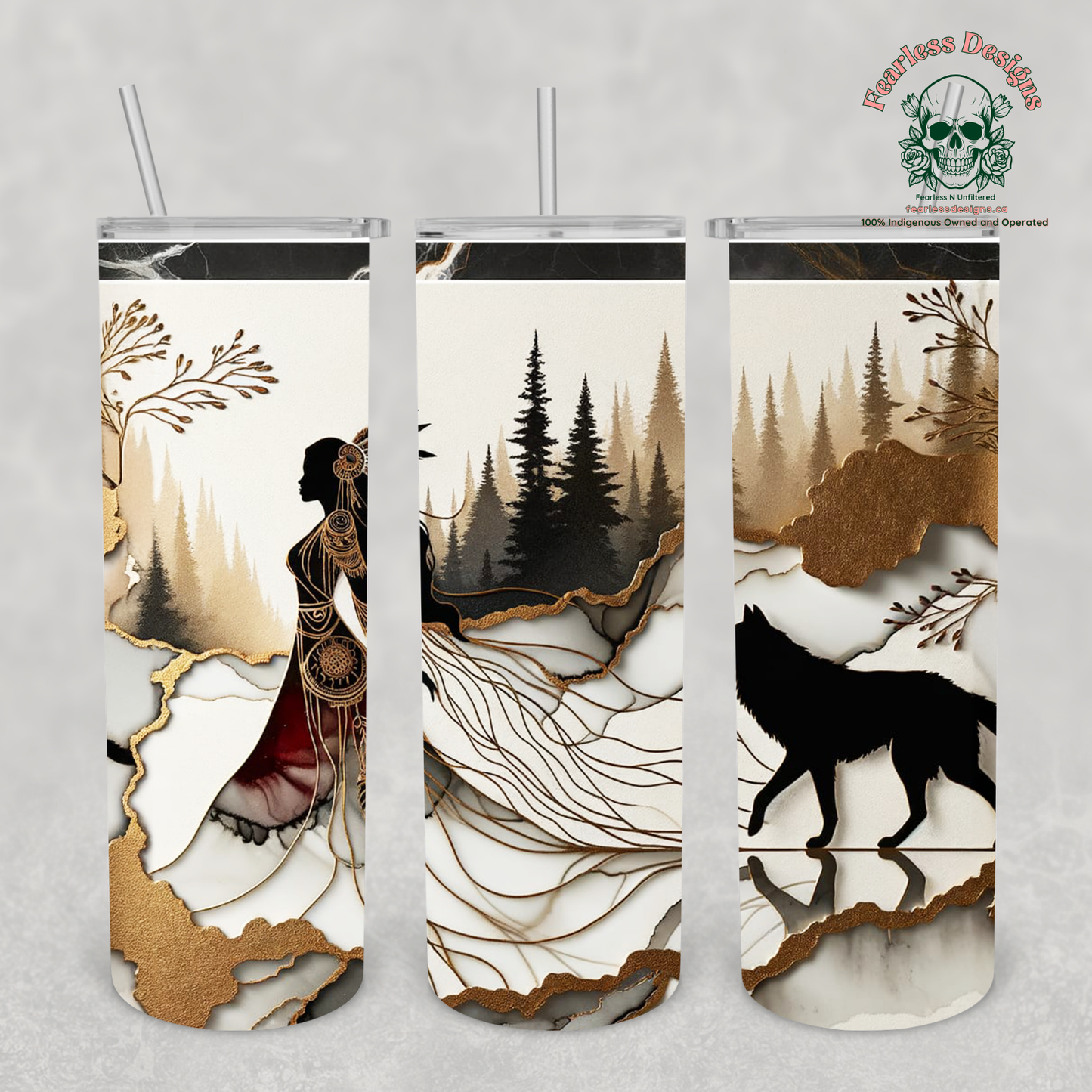 Indigenous Woman with Wolf 20oz hot/cold metal tumbler