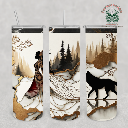 Indigenous Woman with Wolf 20oz hot/cold metal tumbler