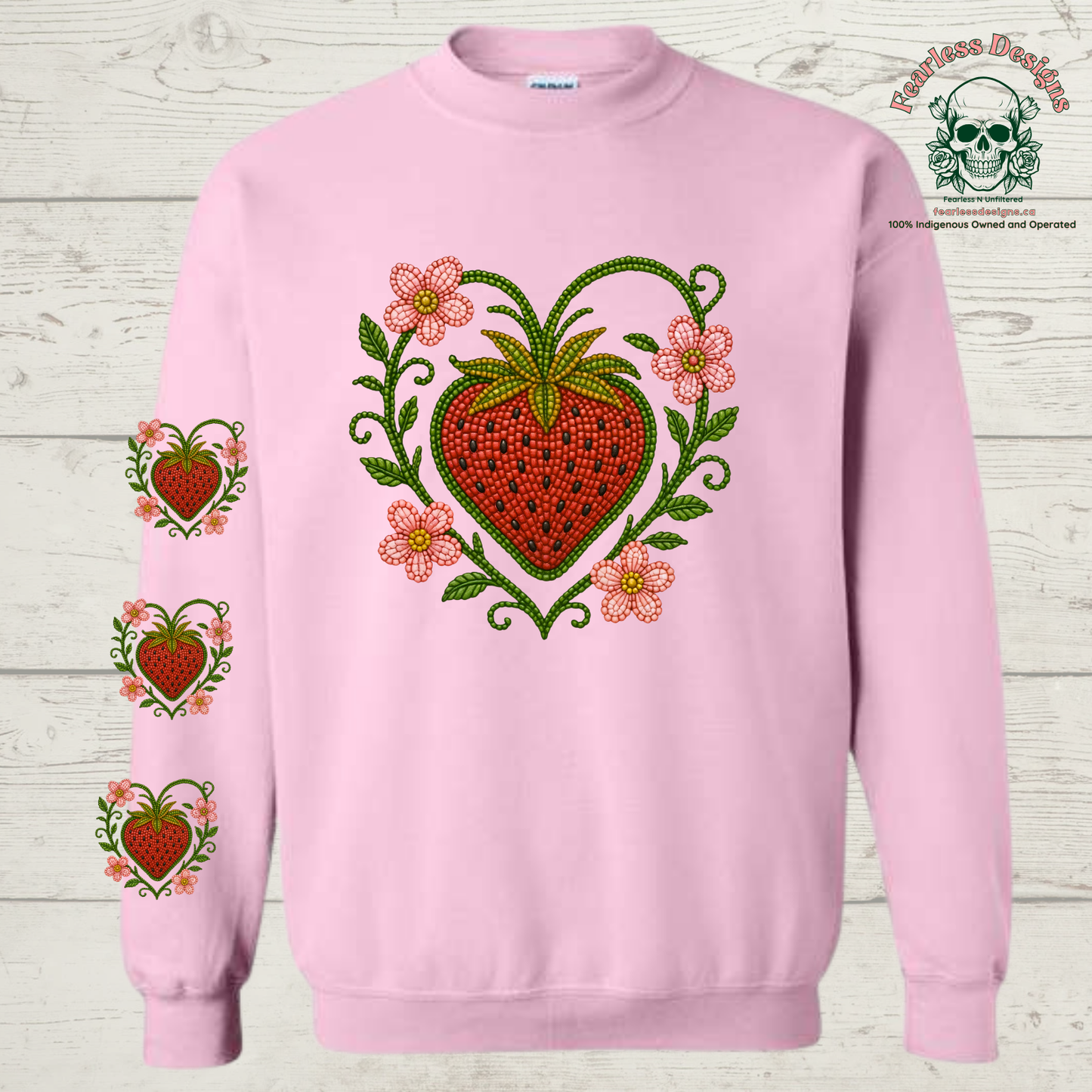 Beaded Strawberry with strawberries on sleeve Crewneck Sweater