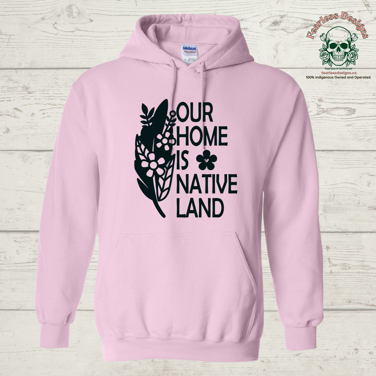 Our Home is Native Land flowered feather Hoodie
